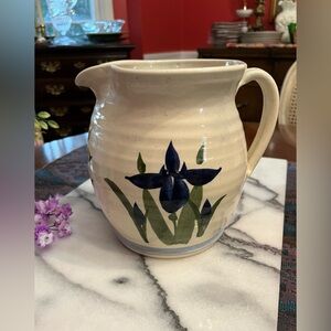 VTG Blue Iris Pottery Pitcher/Vase w Creamy Glaze on Large Ceramic Stoneware